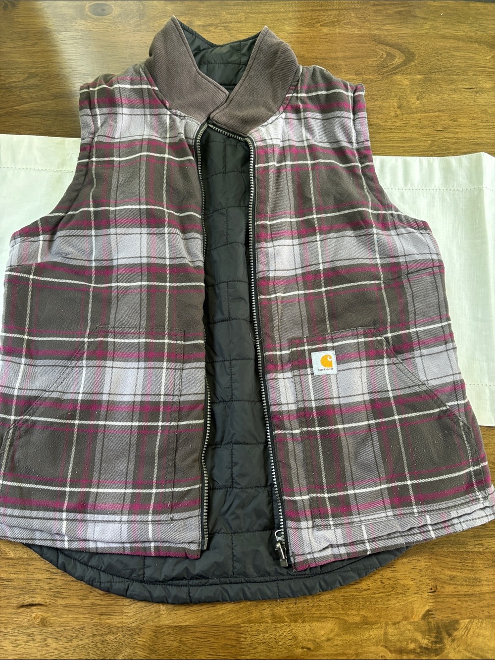 Vintage Carhartt Amoret  Reversible Flannel Puff Vest L Y2K Black Pink Gorpcore - Picture 4 of 9